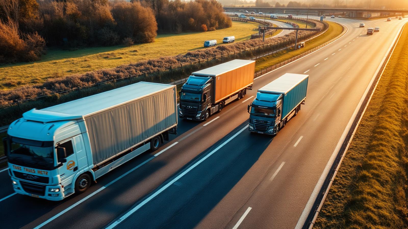 UK motorway fleet operations at sunrise with commercial transport trucks